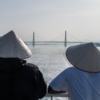 bridge, ship, sea, hats, nature, people