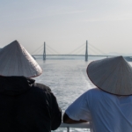 bridge, ship, sea, hats, nature, people