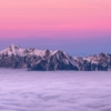 Breathtaking view of a snow-covered mountain peak rising above clouds during a stunning pink sunrise.
